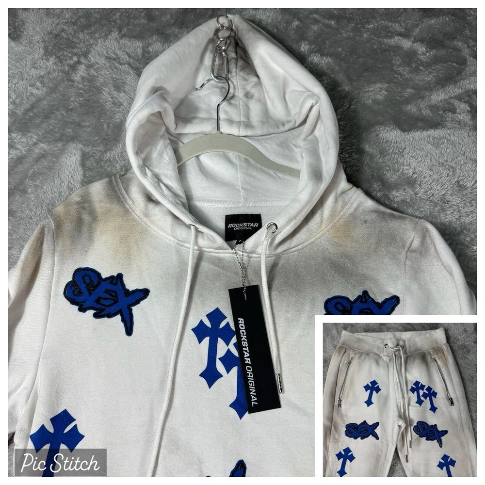 Rockstar Original Sweat Suit Mens S White‎ Hoodie Pants Cross Spray Paint Retro